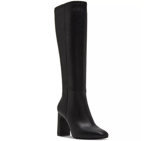 Black knee-high boots featuring a high block heel and smooth leather-like finish, with a round toe design.