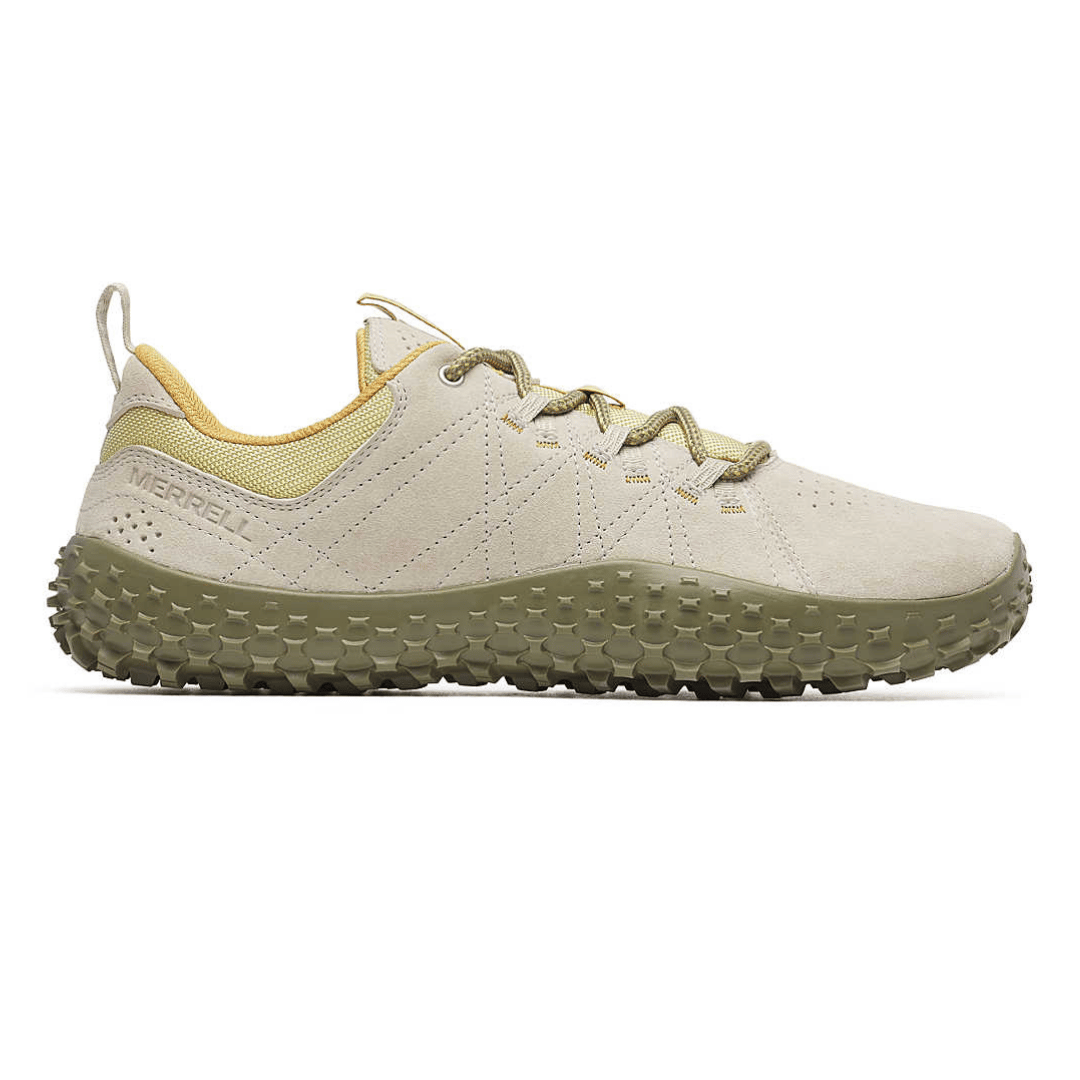 A beige and olive trail shoe with a rugged, textured sole. Designed for outdoor activities, featuring laces and a mesh interior for breathability.