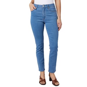Blue high-waisted skinny jeans paired with brown heeled sandals.