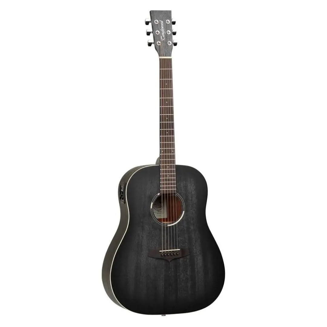 A black Tanglewood acoustic-electric guitar with a glossy finish, featuring six strings, a standard dreadnought body shape, and chrome tuning pegs.