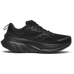 Black athletic running shoe with a thick, cushioned sole and mesh upper for breathability, featuring a sleek design with subtle branding.