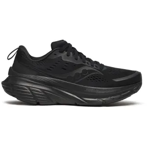 Black athletic running shoe with a thick, cushioned sole and mesh upper for breathability, featuring a sleek design with subtle branding.