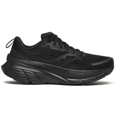 Black athletic running shoe with a thick, cushioned sole and mesh upper for breathability, featuring a sleek design with subtle branding.