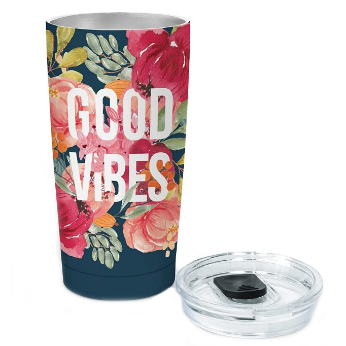 17oz insulated tumbler with floral design, featuring large pink and red flowers and green leaves, and the words \“GOOD VIBES\“ in bold white letters; includes a clear lid with a black sliding closure.