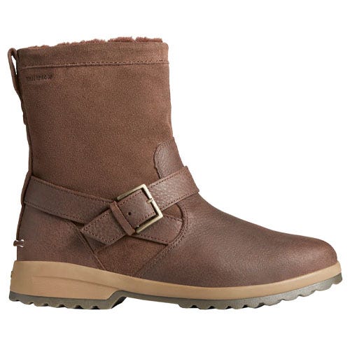 Brown mid-calf winter boot with a buckle strap and fur lining, featuring a durable sole with a grip pattern for added traction.