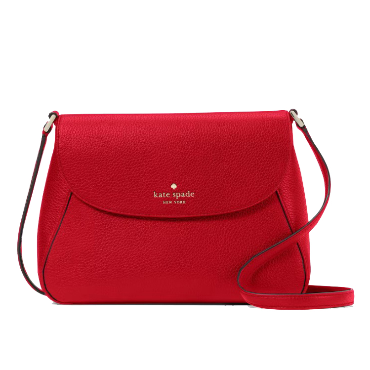 A red Kate Spade Monica Medium Flap Crossbody bag featuring pebbled leather, a flap closure, and an adjustable shoulder strap. It displays a gold-tone logo on the front.