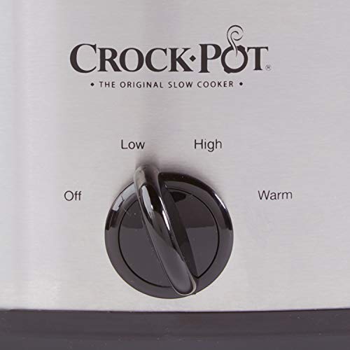 Black knob with four settings: Off, Low, High, and Warm, on a Crock-Pot with a logo above indicating it's the original slow cooker.