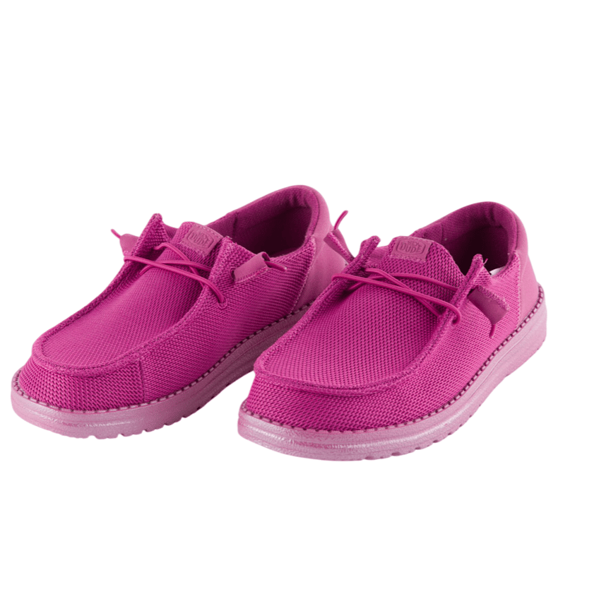 Bright pink casual shoes featuring a slip-on design with lightweight soles, breathable mesh fabric, and decorative laces.