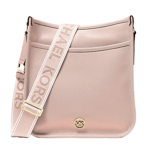A blush pink Michael Kors leather messenger bag features a front pocket and an adjustable strap with \“Michael Kors\“ text. The bag has a gold MK logo emblem on the front.