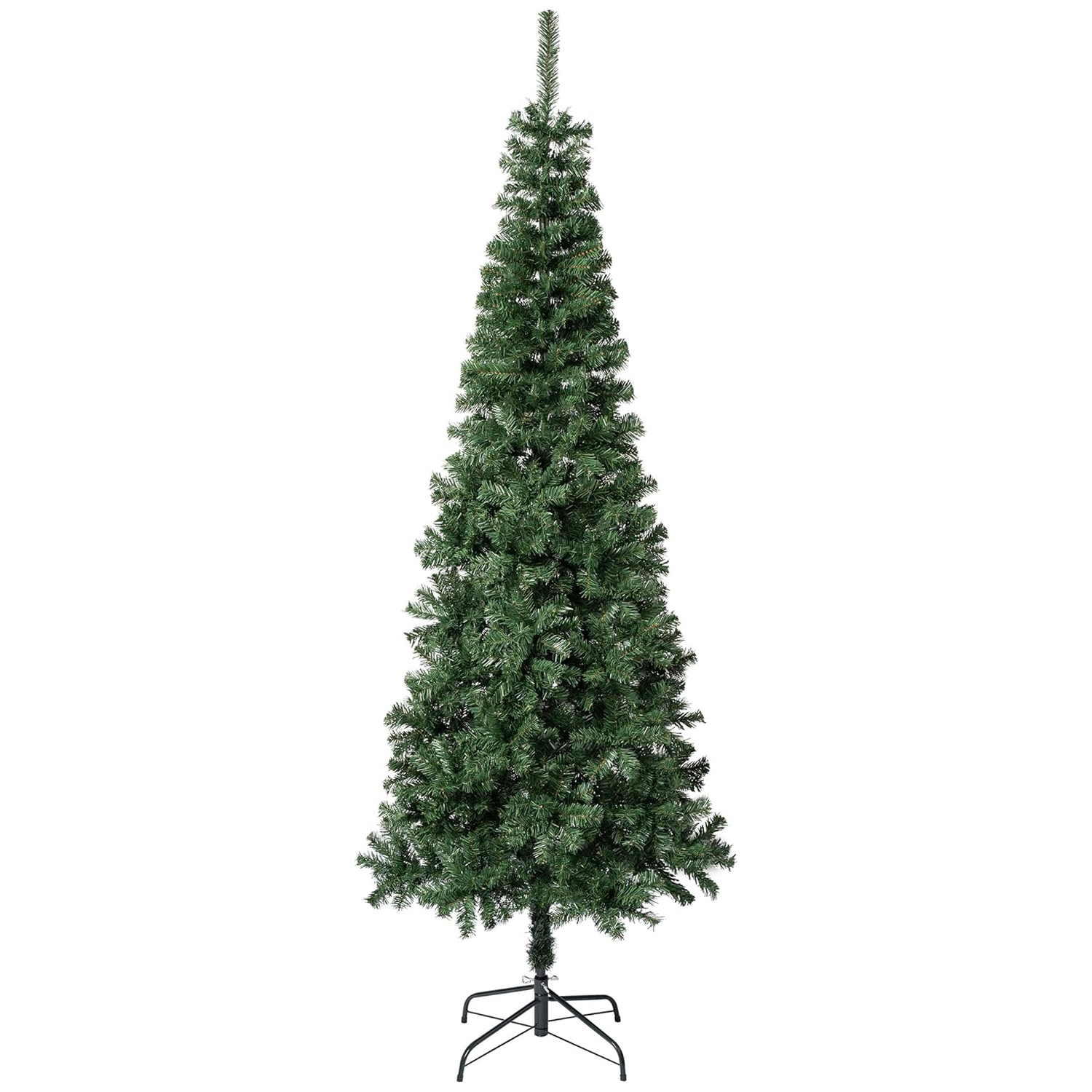 The National Tree 7.5' Linden Spruce is an artificial Christmas tree with a tall, slim design and a metal stand. It has lush green branches for a realistic look, suitable for holiday decoration.