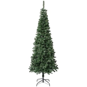 The National Tree 7.5' Linden Spruce is an artificial Christmas tree with a tall, slim design and a metal stand. It has lush green branches for a realistic look, suitable for holiday decoration.