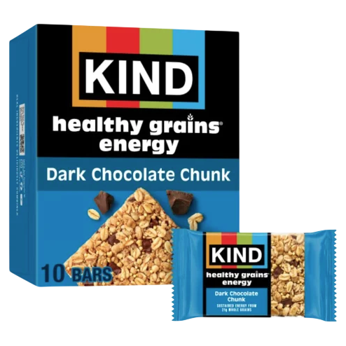 KIND Healthy Grains Energy Bars, Dark Chocolate Chunk flavor, are shown with a box containing 10 bars.