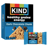 KIND Healthy Grains Energy Bars, Dark Chocolate Chunk flavor, are shown with a box containing 10 bars.