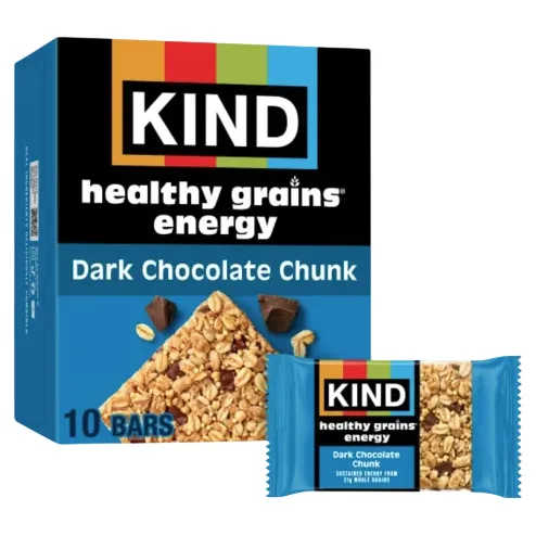 KIND Healthy Grains Energy Bars, Dark Chocolate Chunk flavor, are shown with a box containing 10 bars.