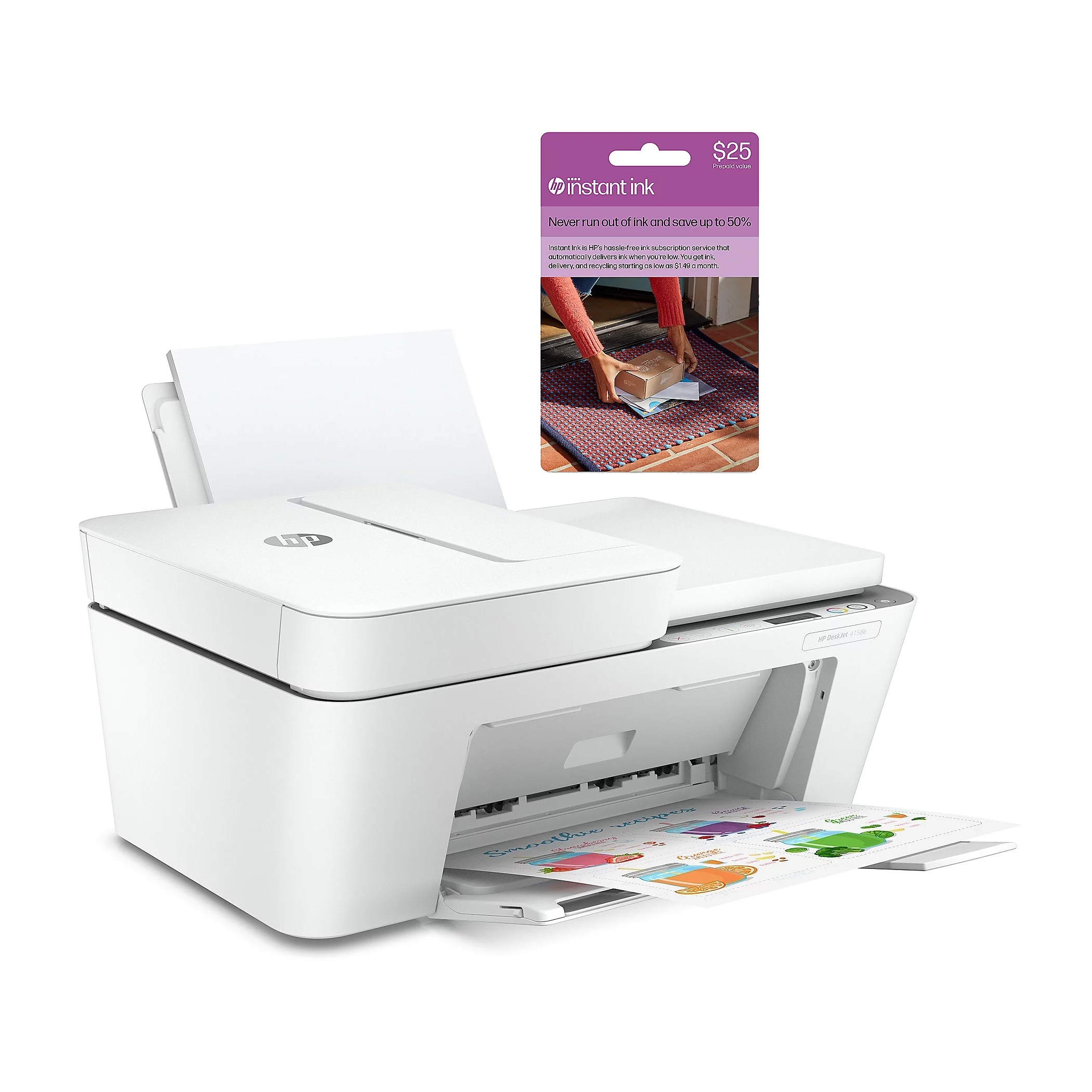 HP printer with a subscription card for $25 worth of Instant Ink service, offering convenient ink delivery.
