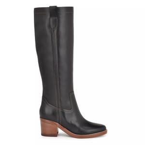 Knee-high black leather boot with a stacked wooden block heel and contrast stitching.