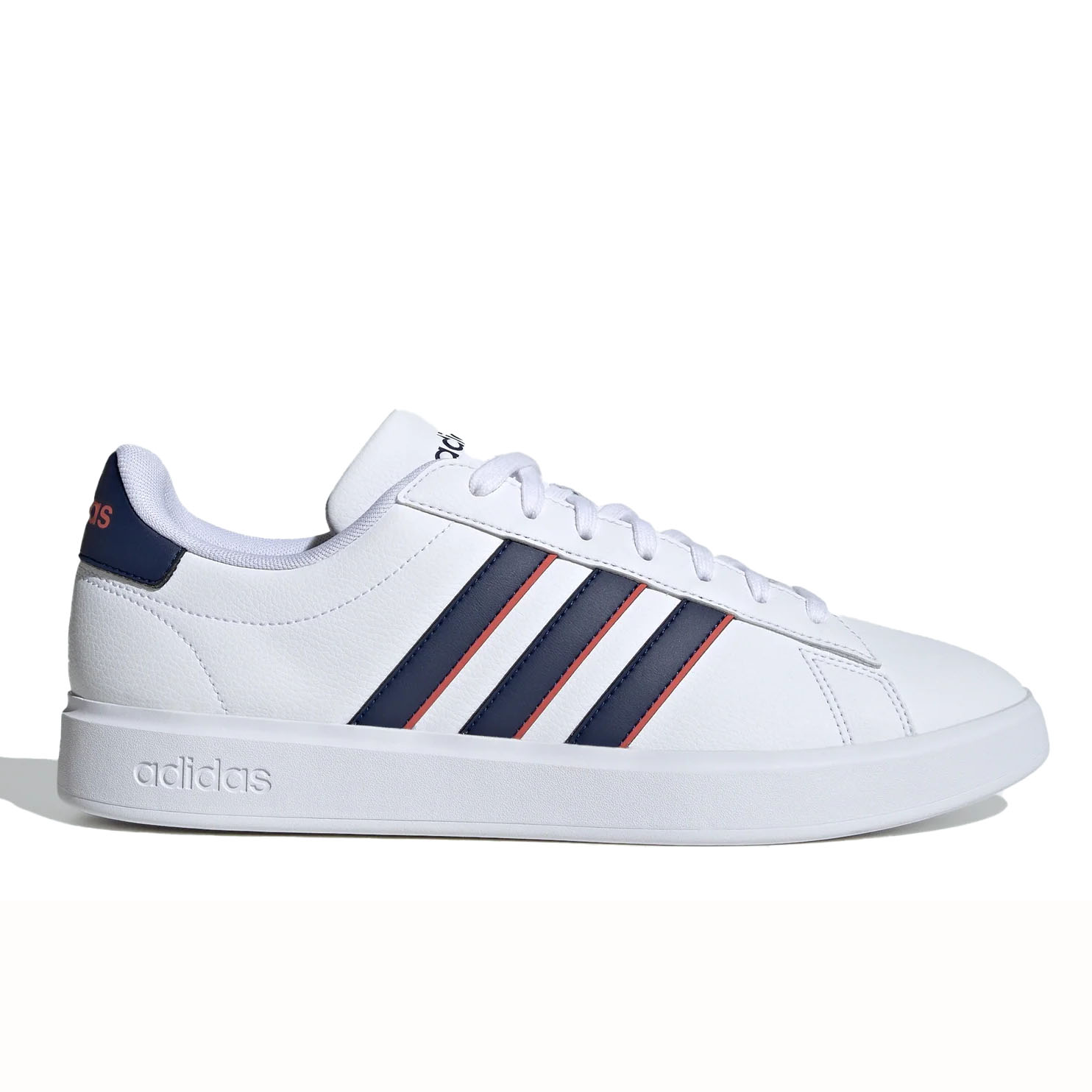 Adidas Grand Court Sneakers in white with three navy blue stripes and subtle red accents, featuring a classic low-top design and white lace-up closure.