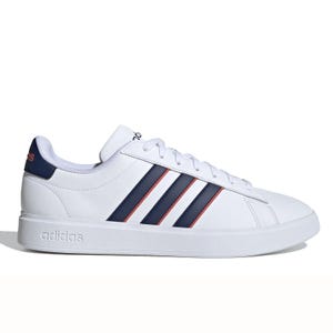 Adidas Grand Court Sneakers in white with three navy blue stripes and subtle red accents, featuring a classic low-top design and white lace-up closure.