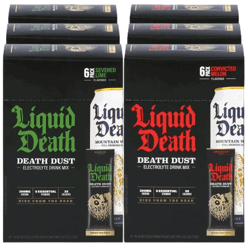 Liquid Death Death Dust electrolyte drink mix, featuring Severed Lime and Convicted Melon flavors, in six-pack boxes.