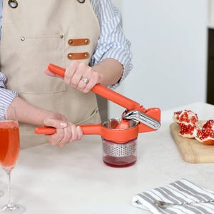 A person uses a red handheld citrus press juicer to extract juice into a container. A pomegranate is partially prepared on a cutting board in the background.