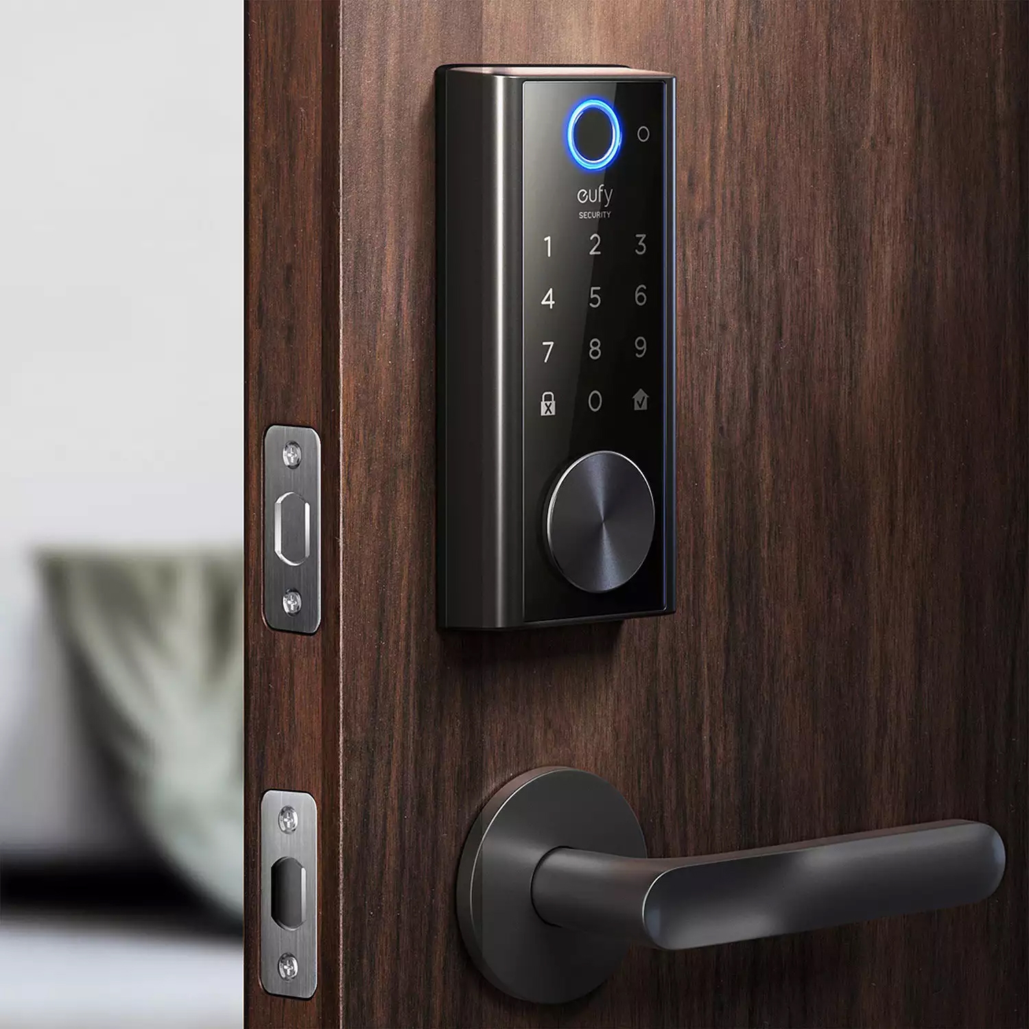 A smart lock with keypad and a door handle on a wooden door.