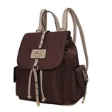 A brown backpack with beige accents, featuring a flap closure, side pockets, and adjustable straps.