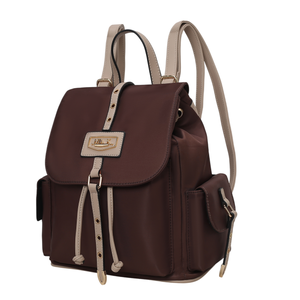 A brown backpack with beige accents, featuring a flap closure, side pockets, and adjustable straps.