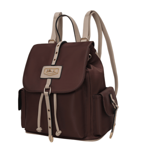 A brown backpack with beige accents, featuring a flap closure, side pockets, and adjustable straps.