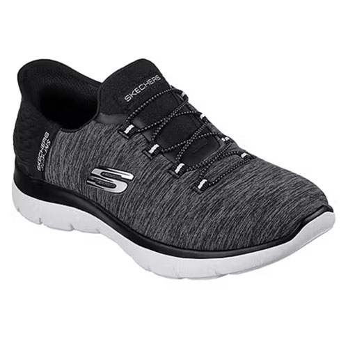 A black and gray Skechers sneaker with laces and a white sole.