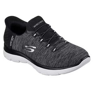 A black and gray Skechers sneaker with laces and a white sole.