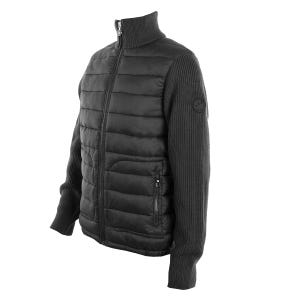 A black men's puffer jacket with a quilted body, zippered front, and knitted sleeves and collar.