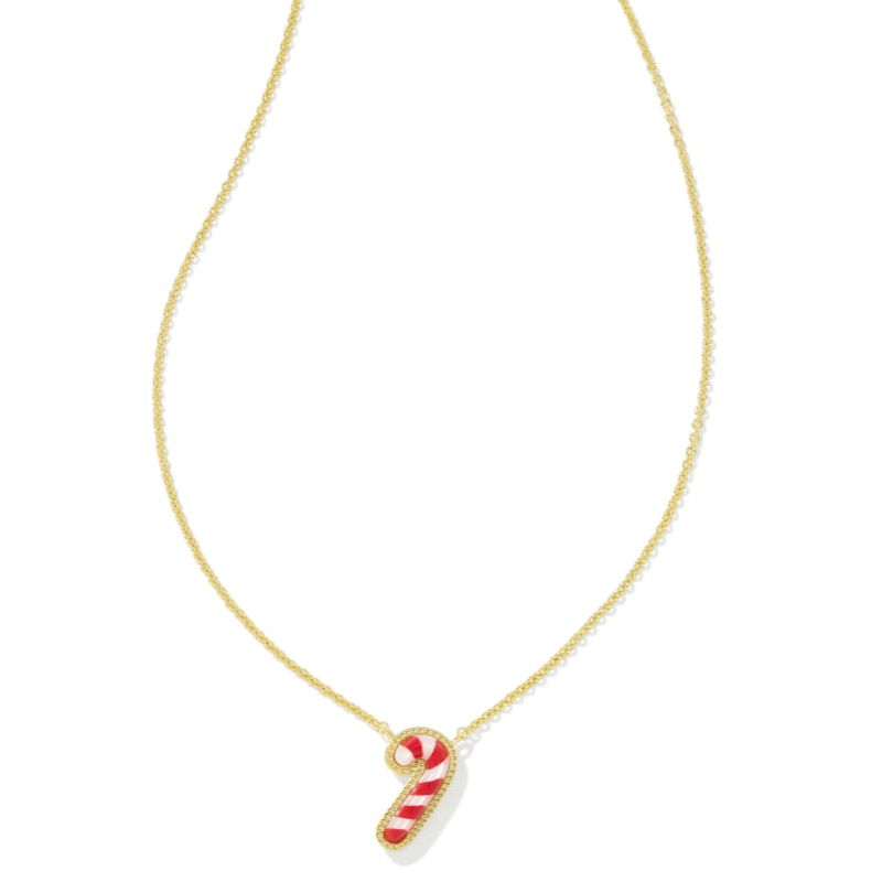 A delicate gold chain necklace featuring a pendant shaped like a candy cane, adorned with red and white stripes.