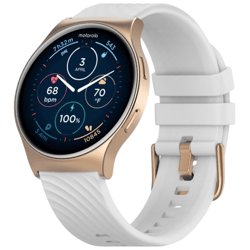 A gold Motorola smartwatch with a white strap displays fitness metrics, including heart rate, temperature, battery, steps, sleep, and distance on its round screen.
