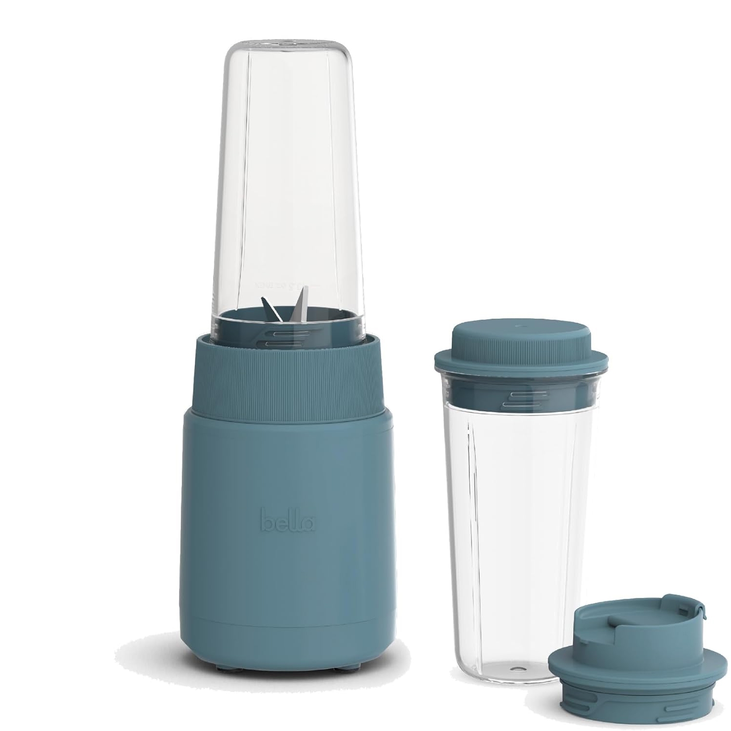A teal-colored personal blender set with a main blending base, blending cup, and two lids: one standard and one sip-top lid.