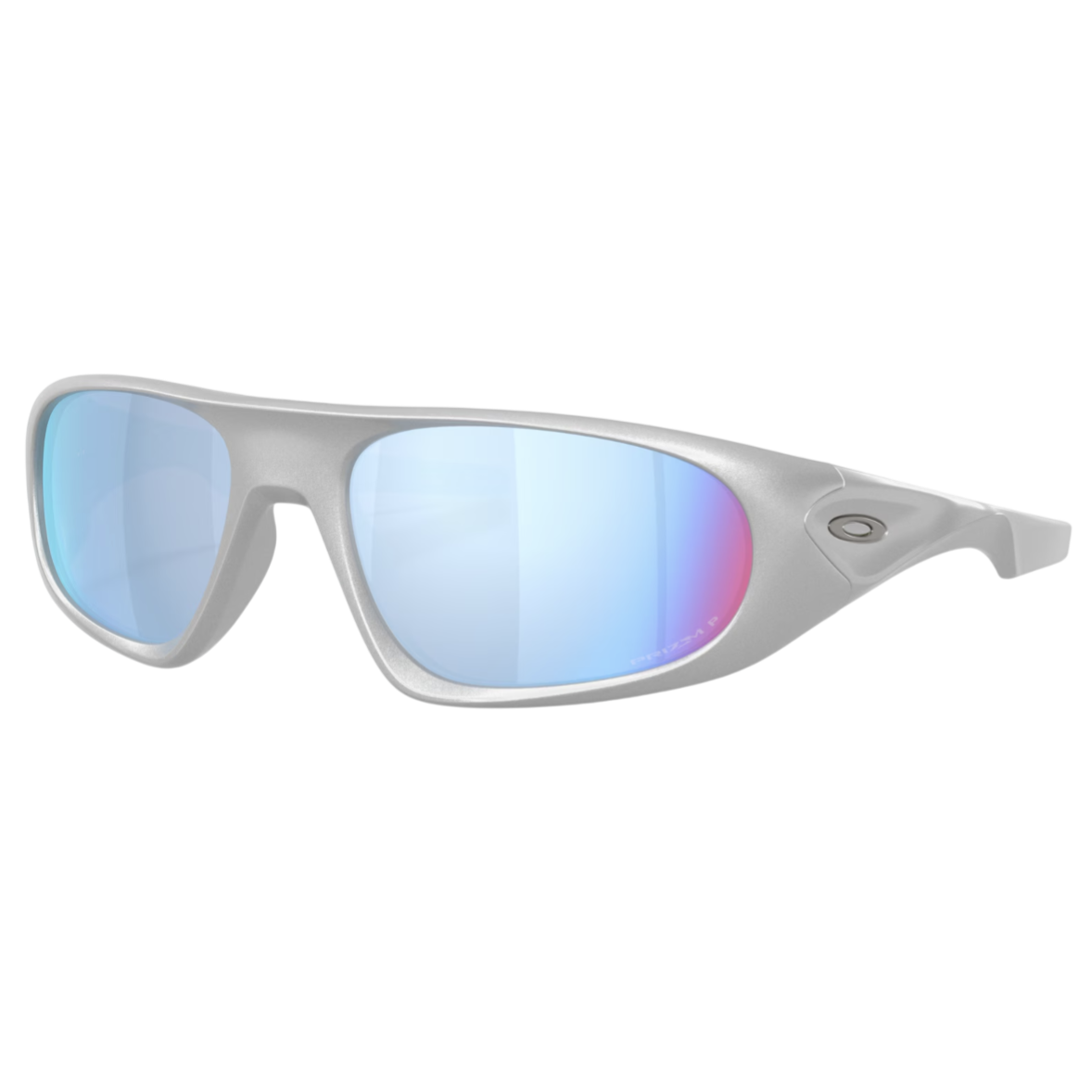 Silver sunglasses with blue and pink-tinted lenses featuring a small oval logo on the side.