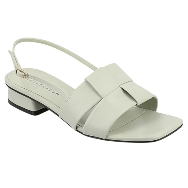A light green sandal featuring a low block heel, square toe, and a decorative bow strap with a slingback design.
