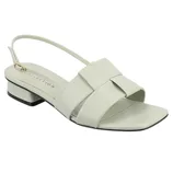 A light green sandal featuring a low block heel, square toe, and a decorative bow strap with a slingback design.
