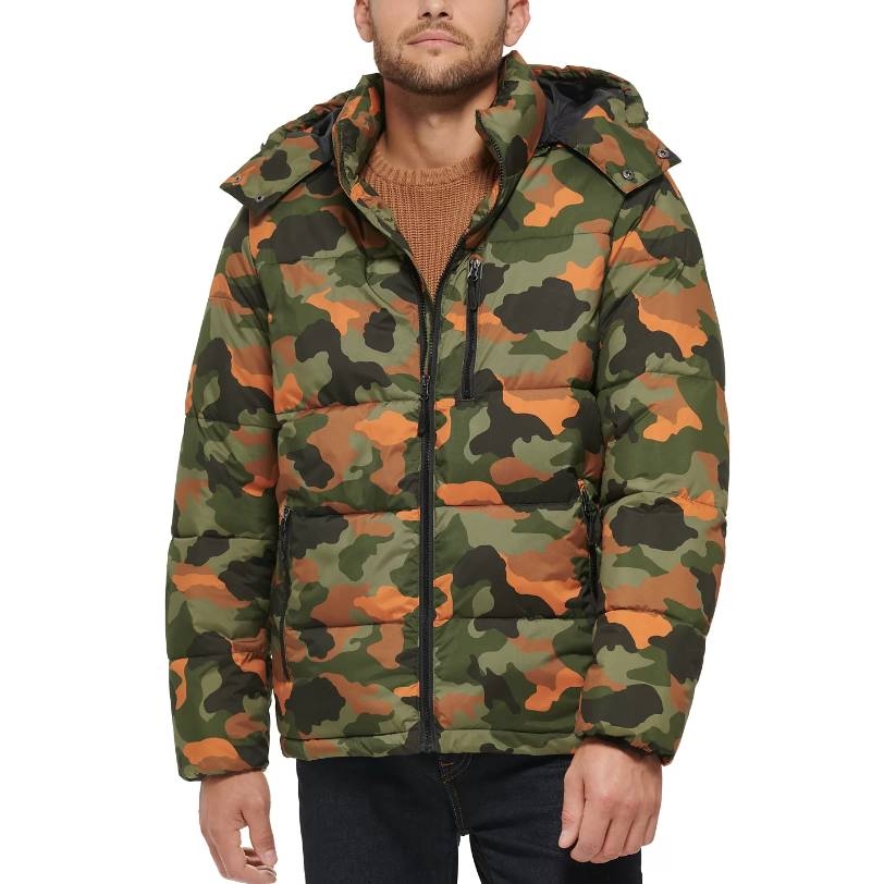 A camouflage pattern hooded puffer coat with a front zipper closure, featuring shades of green, brown, and black.