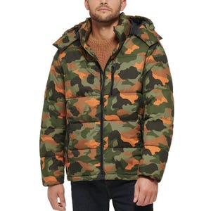A camouflage pattern hooded puffer coat with a front zipper closure, featuring shades of green, brown, and black.