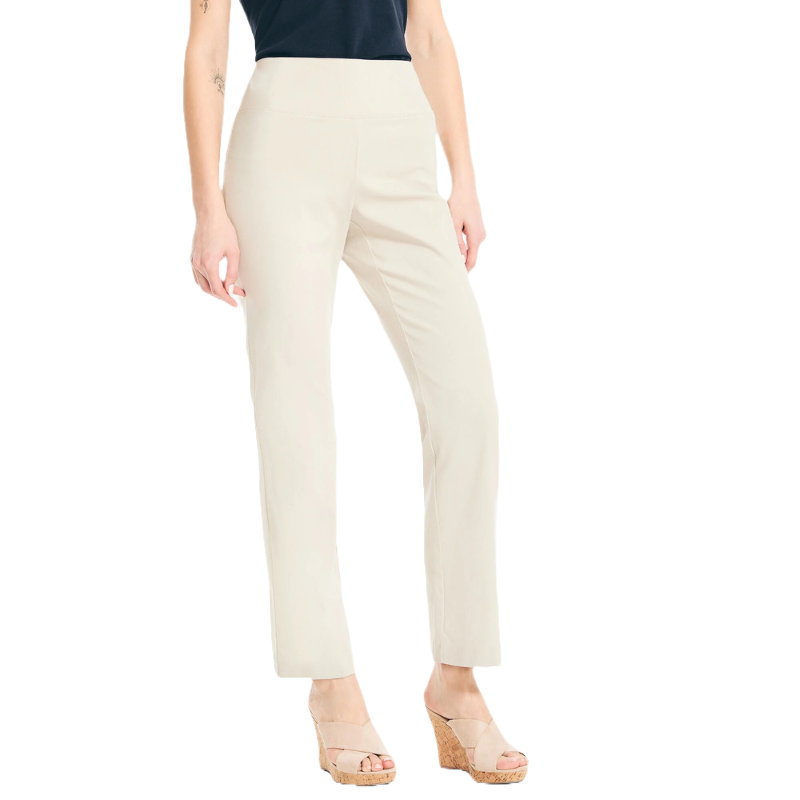 Woman wearing beige straight-leg pants with a black top and beige wedge sandals.