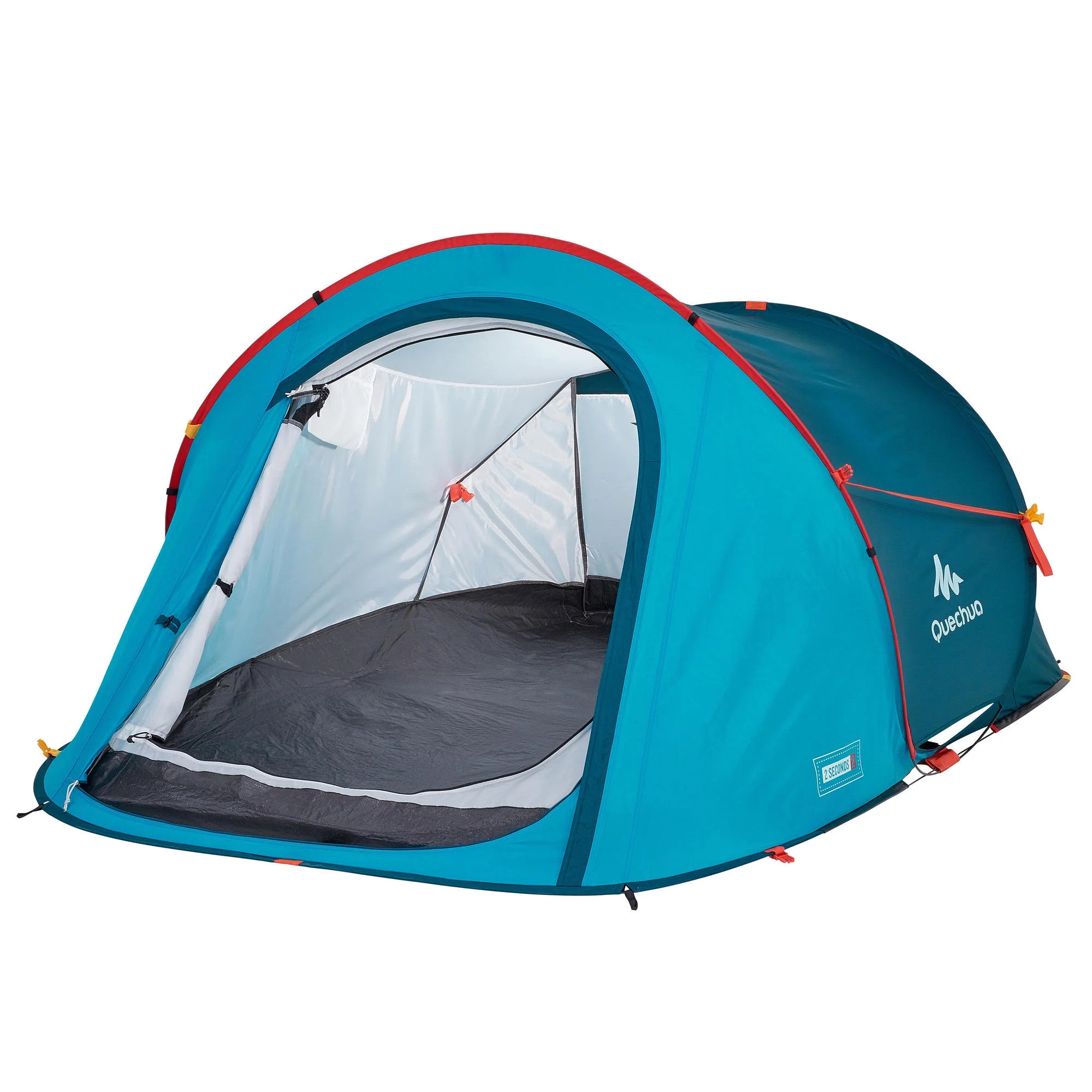 A blue and red pop-up camping tent with a brand logo on the side.