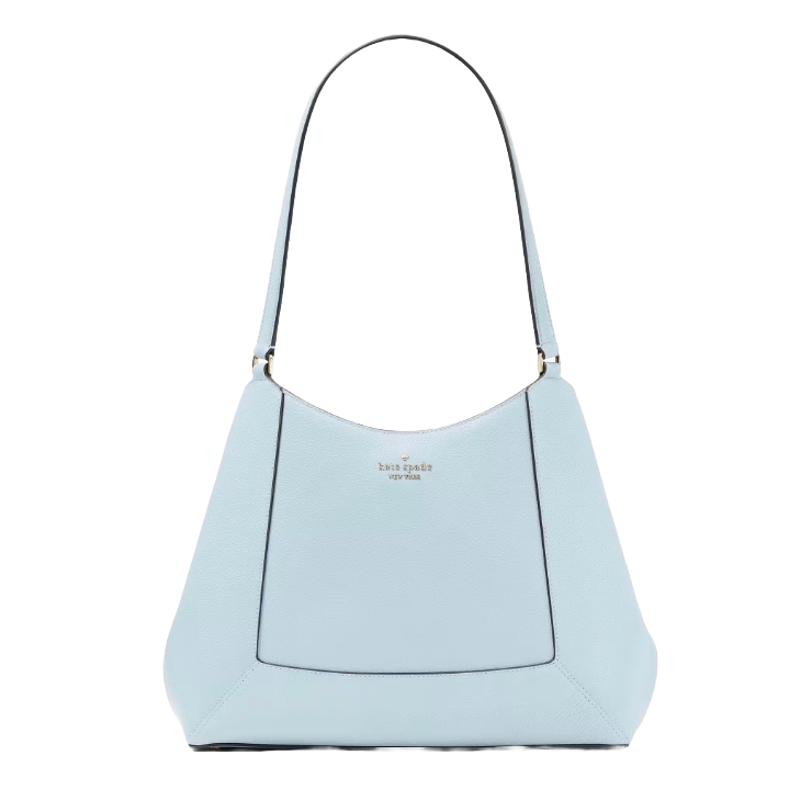 Light blue handbag with a minimalist design and a shoulder strap, featuring the brand \“kate spade new york\“ embossed on the front.