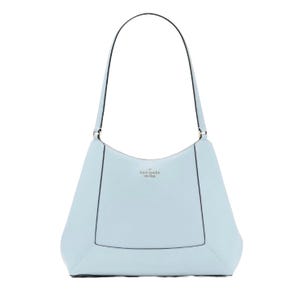 Light blue handbag with a minimalist design and a shoulder strap, featuring the brand \“kate spade new york\“ embossed on the front.