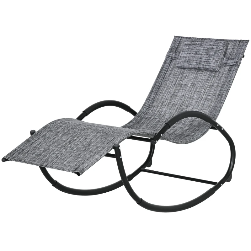 Modern rocking lounge chair with a fabric-covered seat and a black metal frame, featuring a headrest and a curved base for gentle rocking motion.
