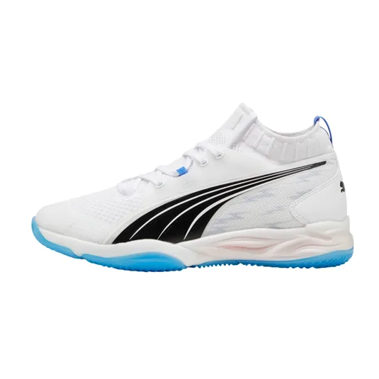 White and blue athletic shoe with a black swoosh design and blue outsole.