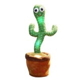 A plush cactus toy with googly eyes and a smiling face, seated in a brown pot. It's designed to light up and play music, as indicated by musical notes on the pot.
