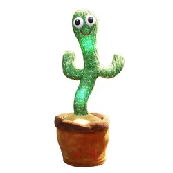 A plush cactus toy with googly eyes and a smiling face, seated in a brown pot. It's designed to light up and play music, as indicated by musical notes on the pot.