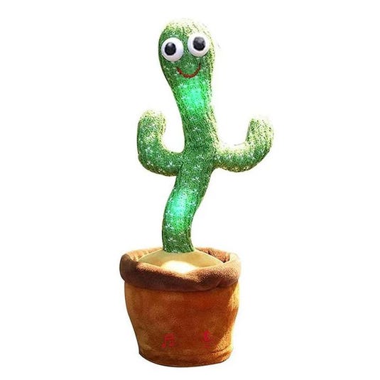 A plush cactus toy with googly eyes and a smiling face, seated in a brown pot. It's designed to light up and play music, as indicated by musical notes on the pot.