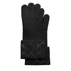 Black merino wool gloves with ribbed texture, featuring a signature pattern on the cuffs for a stylish touch.
