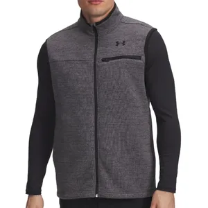 A gray zip-up vest with a high collar and a small chest pocket, featuring a black logo on the upper chest, worn over a black long-sleeve shirt.